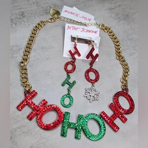 BETSEY JOHNSON SET Christmas Holiday Shiny HO HO HO Necklace & Earrings NEW NWT